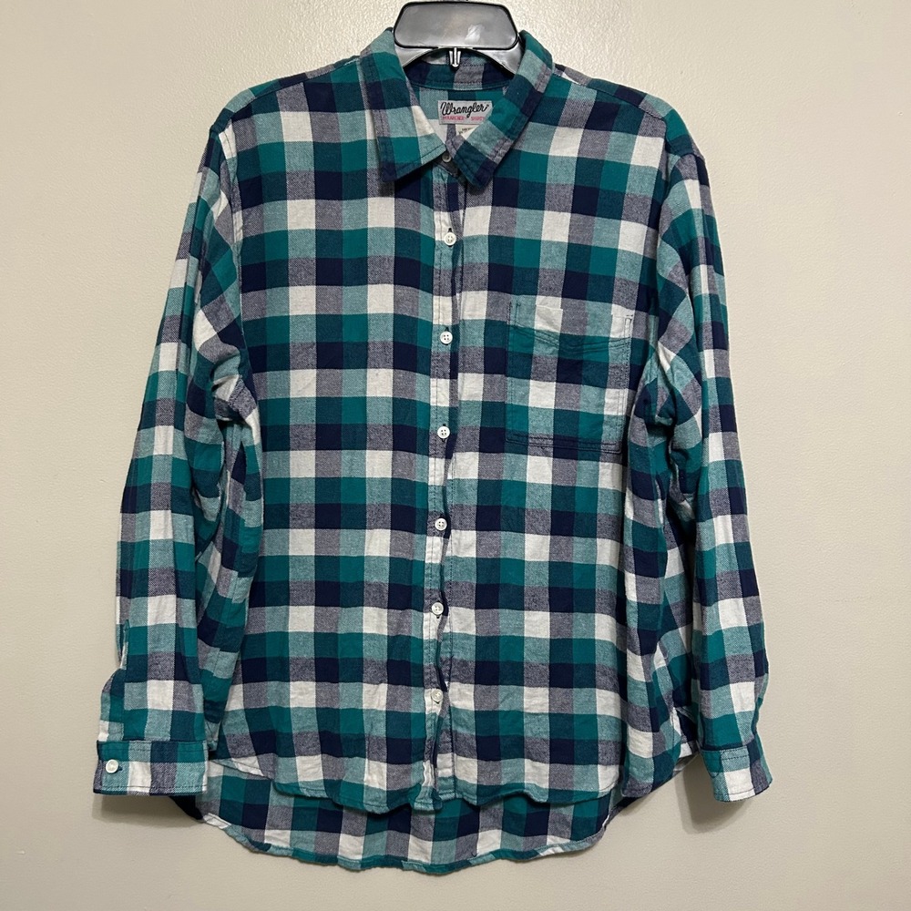 Wrangler Wrancher Shirt XL Teal Blue Plaid Cotton Long Sleeve Western Flannel